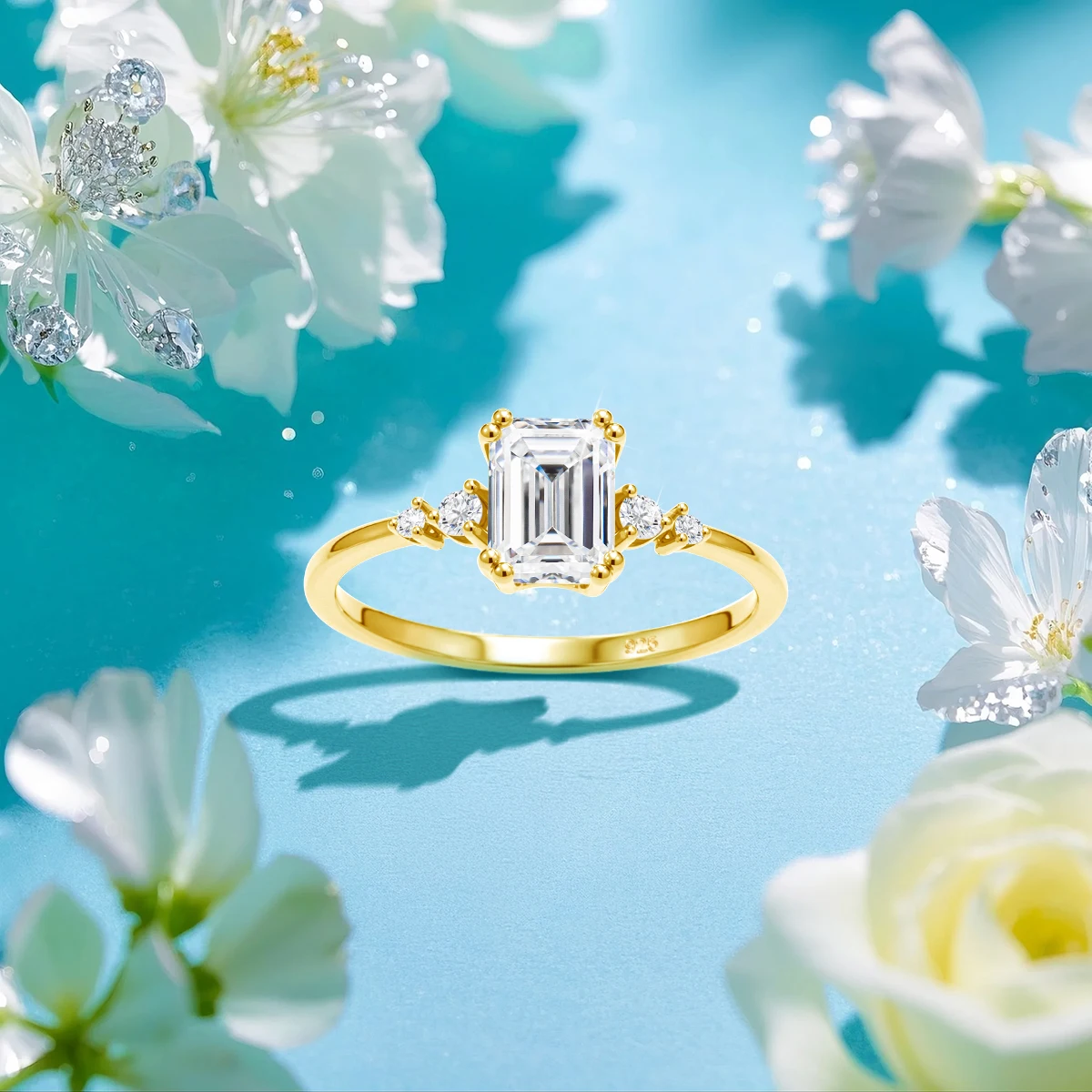 Reine 925 Sterling Silber Klassische Smaragdschliff Moissanit-Ringe für Frauen Fünf-Stein Hochzeits-Verlobungsring Edle Schmuckstücke – Detail 5