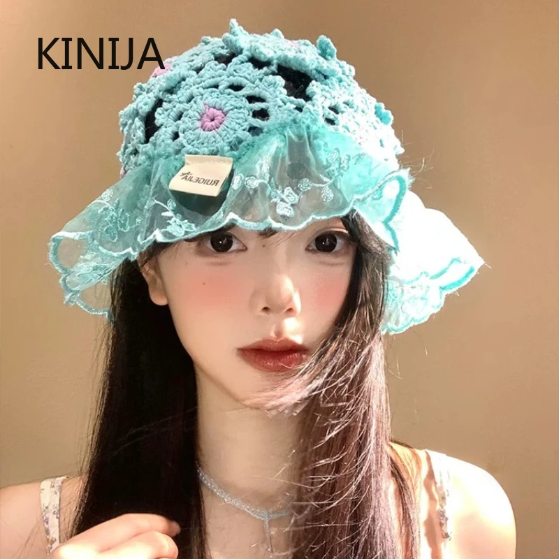 Koreanische Süße Spitze Handgemachte Häkeln Eimer Hüte Frauen Sommer Reise Mode Vielseitig Dünne Atmungsaktive Hohl Pullover Caps Japan