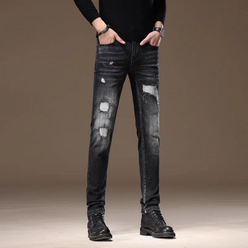 

Мужские джинсы со сломанной нашивкой, эластичные маленькие ноги, модные повседневные уличные брюки в стиле ретро, красивые потертые американские брюки