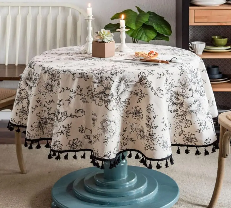 Floral Round Cotton Linen Tablecloth Tassels Restaurant Picnic Indoor and Outdoor Tables Home Decor (black and White) Dust Proof