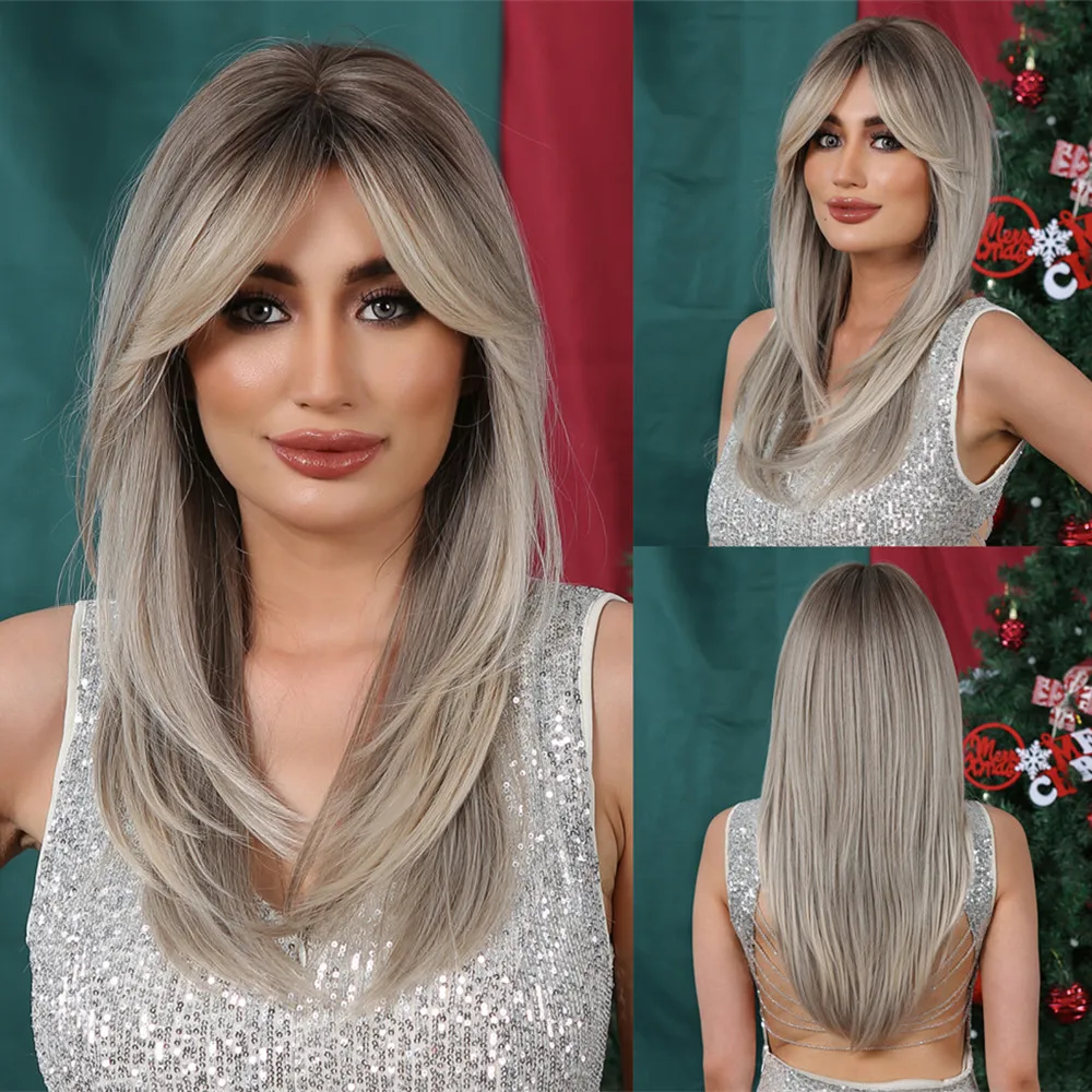 HENRY MARGU Ombre Grey Blonde Wigs with Bangs Long Layered Wig for Women Natural Looking Straight Synthetic Wigs for Daily Party