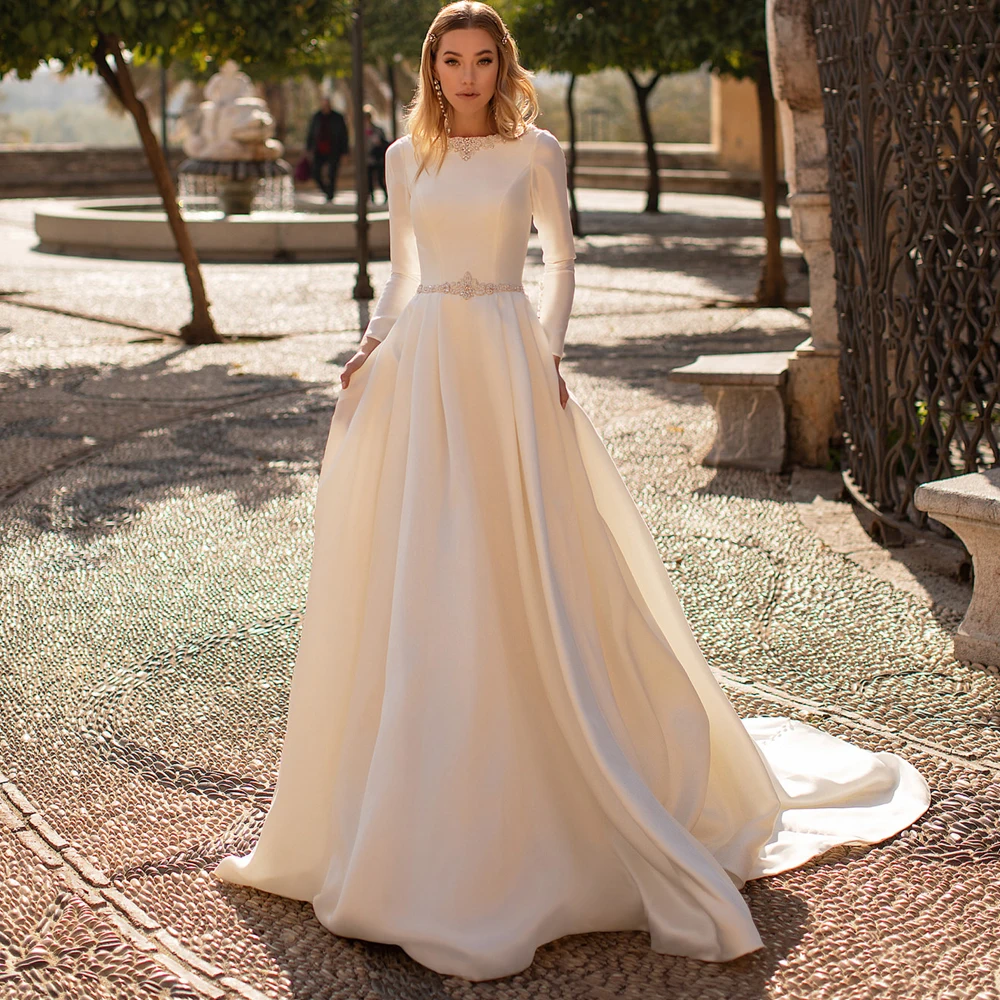 Modest Long Sleeves Wedding Dresses Custom-made Jewel Satin Wedding Gown Beaded A-line Arabic Bridal Dress