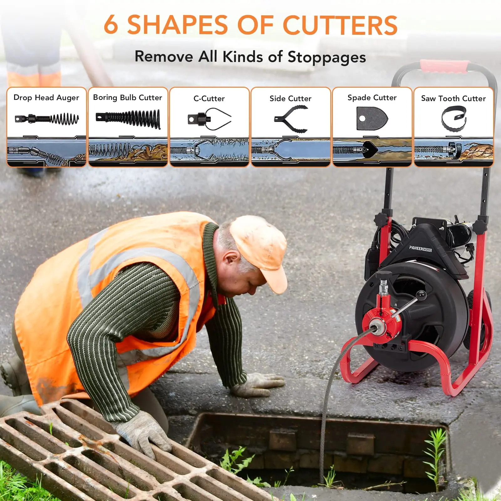 100Ft x 3/8 In Drain Cleaner Machine, Pioneer Works Sewer Snake Machine Auto Feed,Drain Auger Cleaner with 6 Cutters,Foot Switch