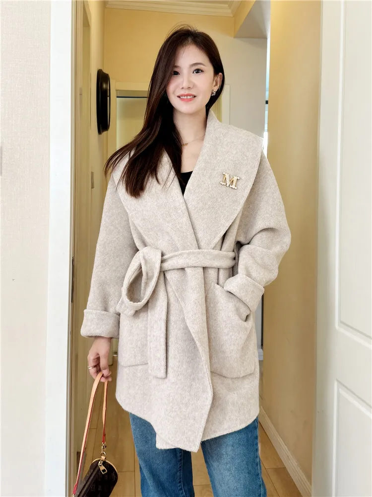 

Двустороннее шерстяное пальто женское свободного кроя с поясом, осенне-зимняя новинка, премиум-качество, большие размеры