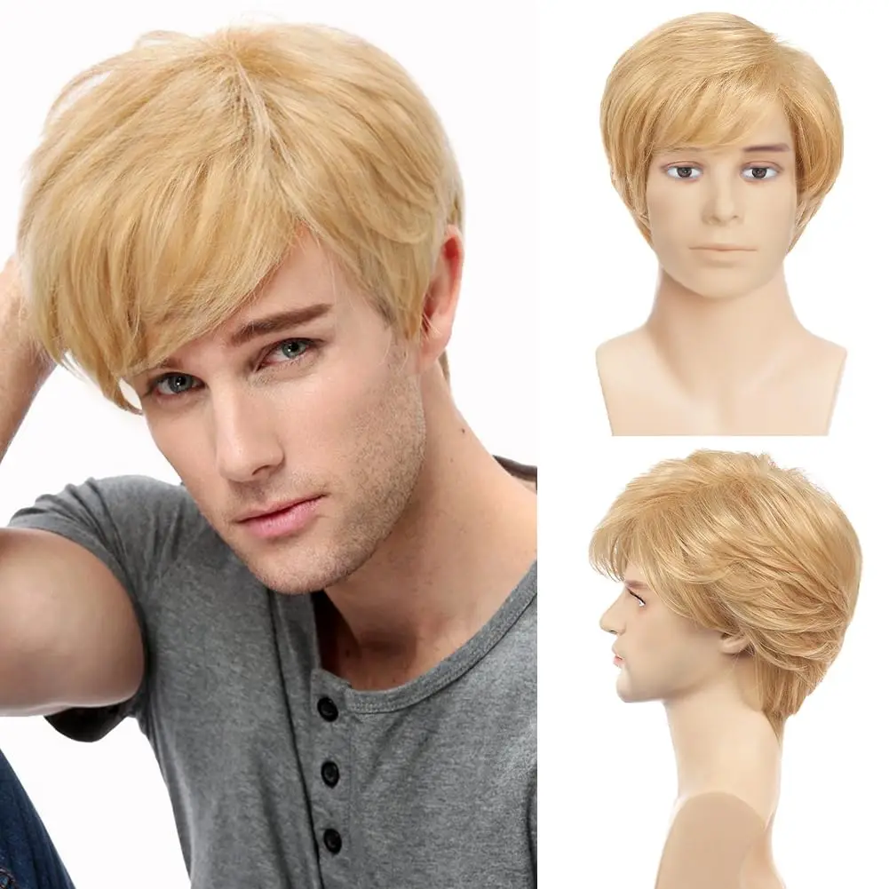 Blonde Wig Men Short Natural Layered Synthetic Hair Wigs for Male Guy Daily Halloween Cosplay Costume Wig