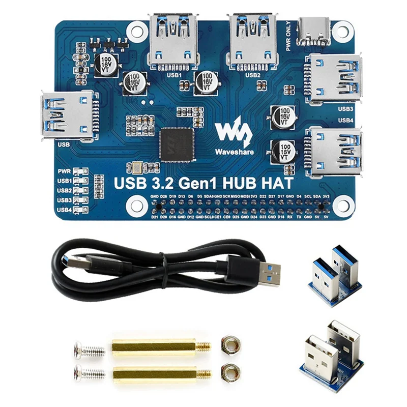 Waveshare USB 3.2 Gen1 HUB HAT for Raspberry Pi 4B 3B+ 3B 2B Zero W WH,4-Channel USB 3.0 Expansion Port, Driver-Free Plug&Play