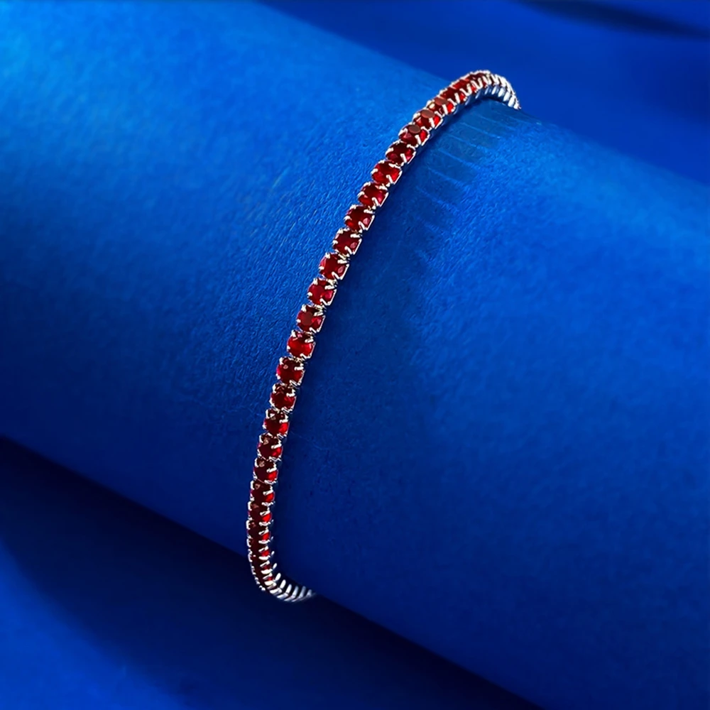 Wong Rain 100% 925 Sterling Silver 2MM Round Cut Ruby Gemstone Tennis Chain Bracelets Bangle for Women Fine Jewelry Wholesale