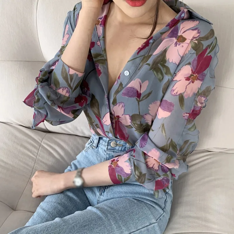 Women\'s Chiffon Shirt Floral Print V-Neck Long Sleeve Fashion Cozy Loose Blouse