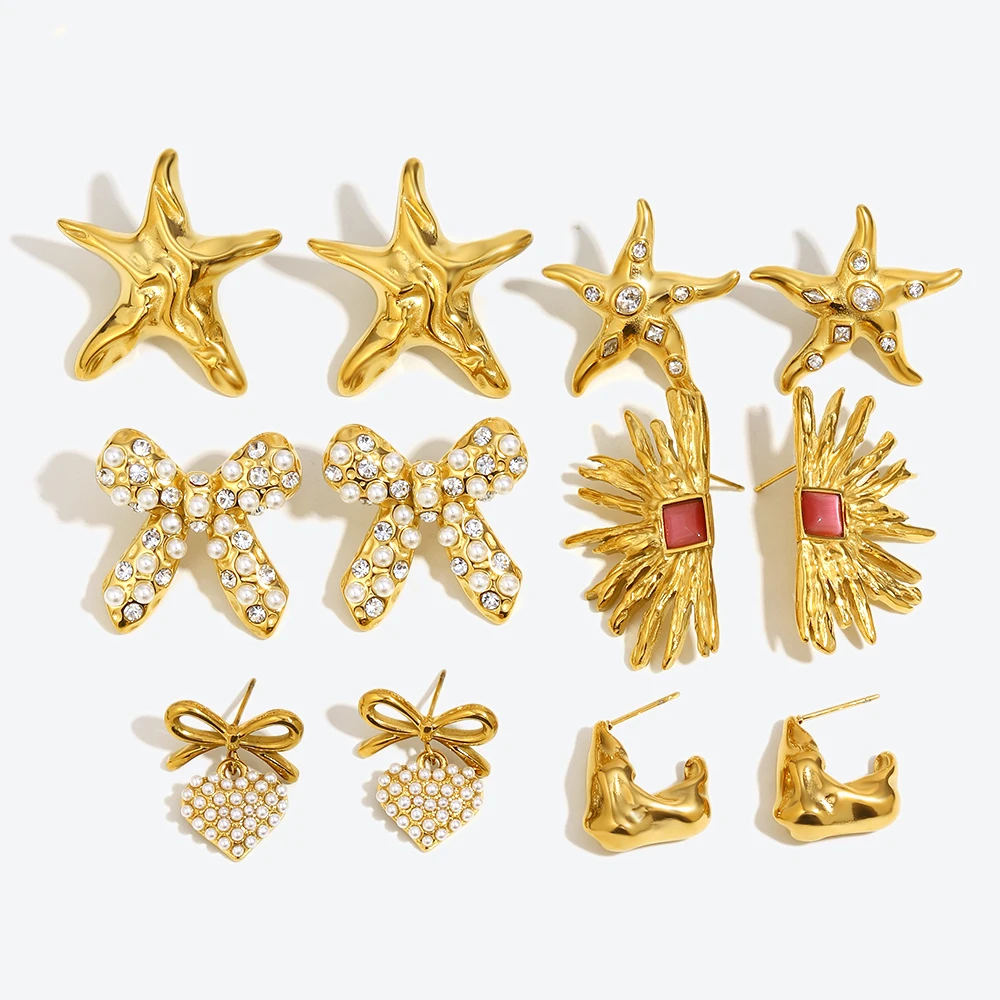 E.B.belle Hammer Texture Hook Shaped Shell Inlaid with Starfish Irregular Fan-shaped Red Agate Pearl Zircon Bow Earrings