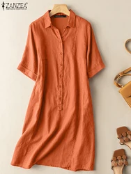 ZANZEA Vintage Summer Lapel Neck Shirt Dress Women Short Sleeve Cotton Holiday Vestidos Casual Solid Buttons Beach Midi Sundress