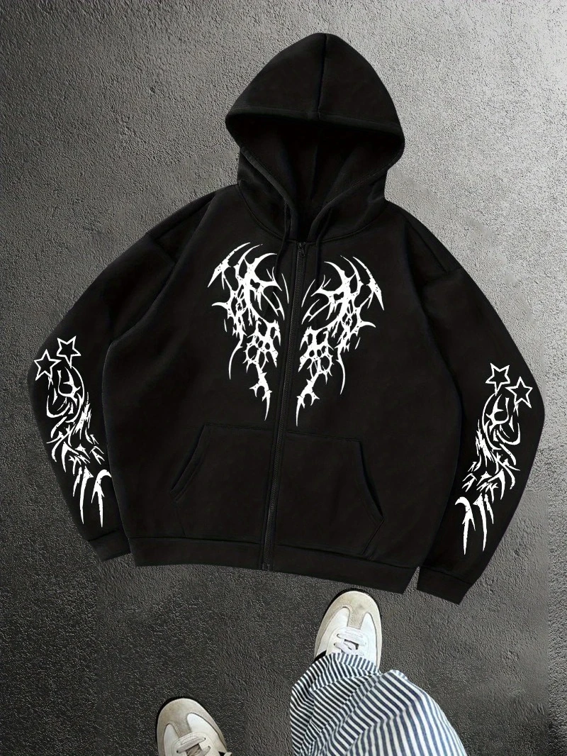 هوديي رجالي على الطراز القوطي البانك - تصميم بسحاب كامل على طراز الشارع للرجال والنساء لخريف وشتاء دافئ ومريح