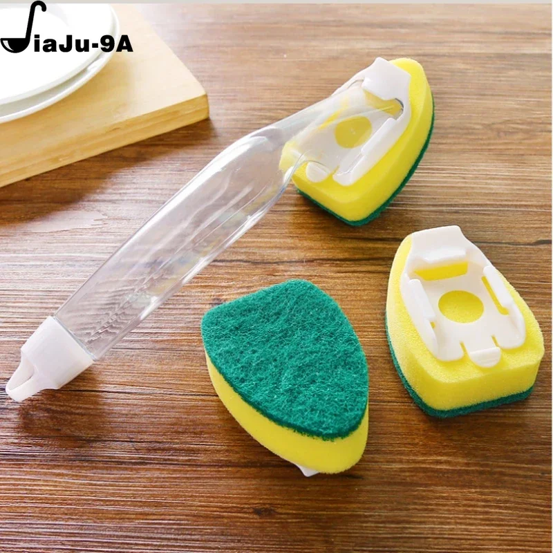 Sponge Soap Dispensing Dish Cleaning Brush Set with 1 Dish Washing Handle 2 Sponge Replacement Head Kitchen Sink Scrubber Tool