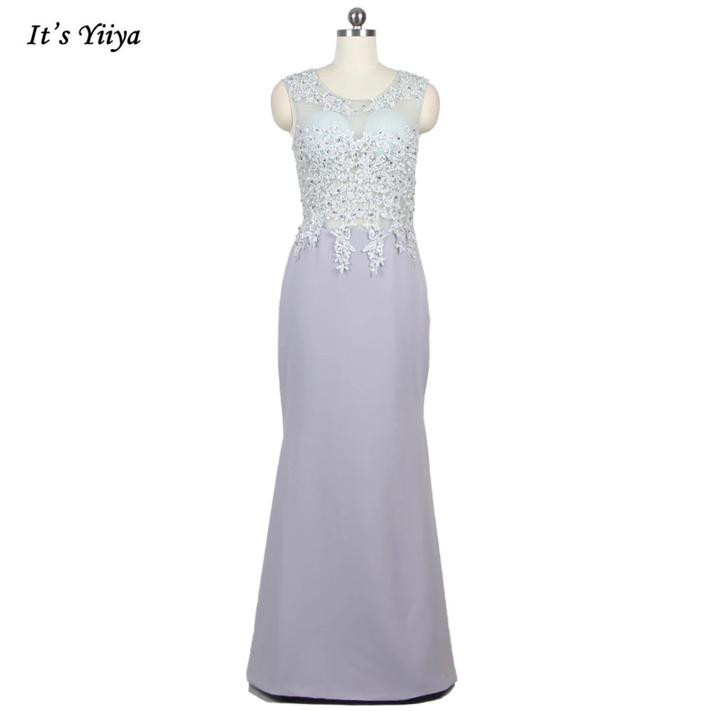 

It's YiiYa Evening Dresses Gray Jersey illusion O-neck Sleeveless Meramid Trumpet Plus size Floor Length Women Party Dress LC039