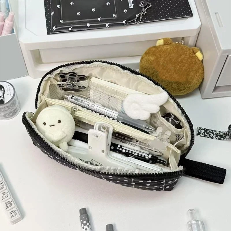 New 1/2Pcs INS Polka Dot Print Pencil Case Shell Shape Large Capacity Pencil Pouch Portable Multi-Layer Divided Pen Bag Women