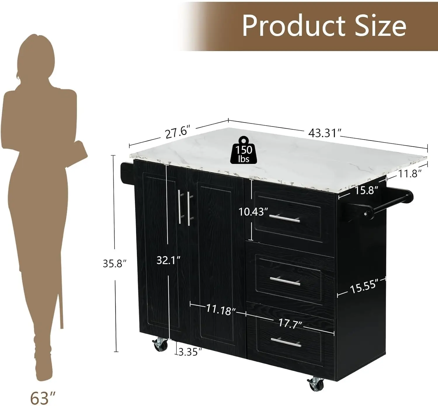 WINNER Rolling Kitchen Island with Storage and Drop Leaf, White Marble Tabletop, 43" Kitchen Carts on Wheels with Towel R