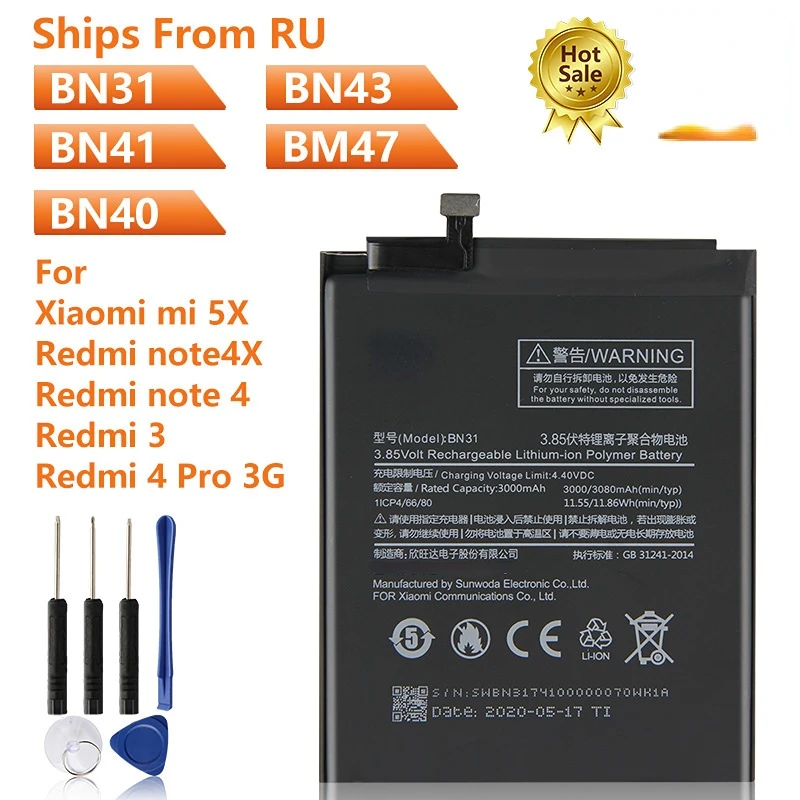 

NEW Phone Battery BN31 BN43 BN41 BM47 BN40 For Xiaomi mi5X redmi 3 3S 3X note 5A A1 Y1 Lite S2 Redmi 4 Pro Prime Note4X Pro