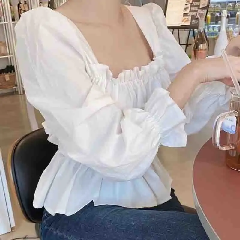 New Fashion Sweet Women Blouse 2024 White Ruffle Shirt Korean Style Square Neck Elegant Tops Long Puff Sleeve Clothing 323