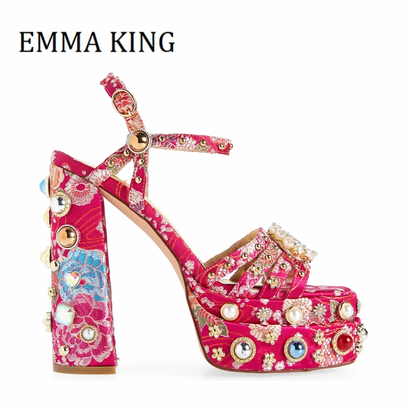 

Women Embroidered Flowers Rhinestone Sandals Female Bling Jewelled Open Toe Buckle Ankle Strap Sandals Luxury Party Dress Shoes