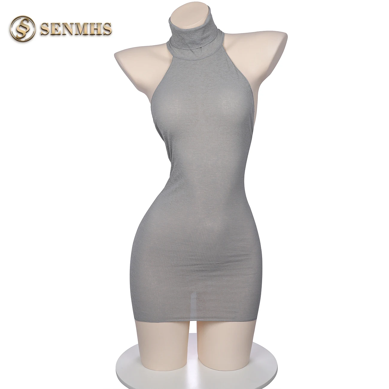 SENMHS Sexy Open Chest  Knit Backless Passion Erotic Lingerie For Women One-Piece Cosplay Hollow Sweater Sleeveless Gray Black