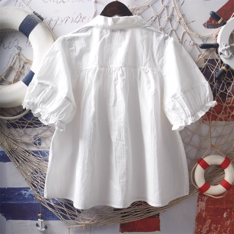 Милая одежда с пышными рукавами, милый стиль, белые розовые однотонные рубашки с бантом, блузки с короткими рукавами, ABDL, свободные рубашки из чистого хлопка для взрослых и детей