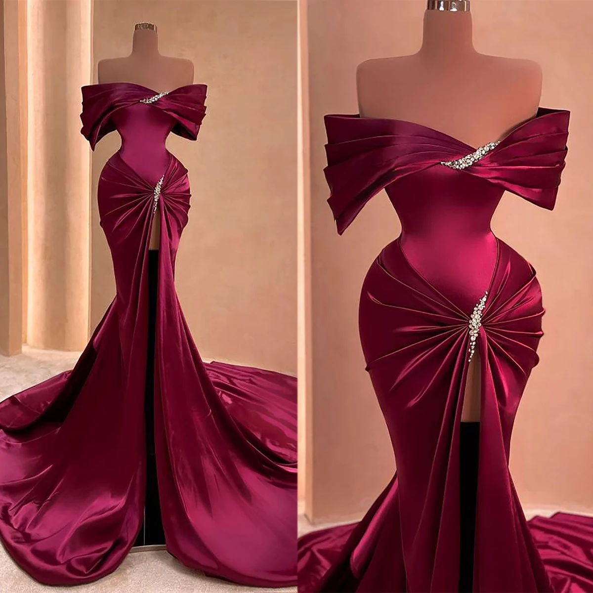 

Elegant Evening Dresses Mermaid Formal Occasion Off Shoulder Soft Satin Pleats Beads Chapel Prom Gown Vestido De Noite