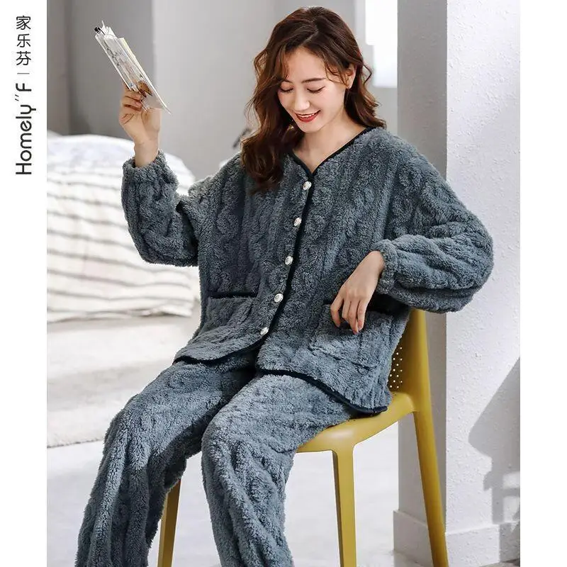 

New Pajamas Women Winter Flannel Fleece Warm Thickened Homewear Cozy Sleepwear Loungewear for Ladies Autumn Kawaii Nightwear