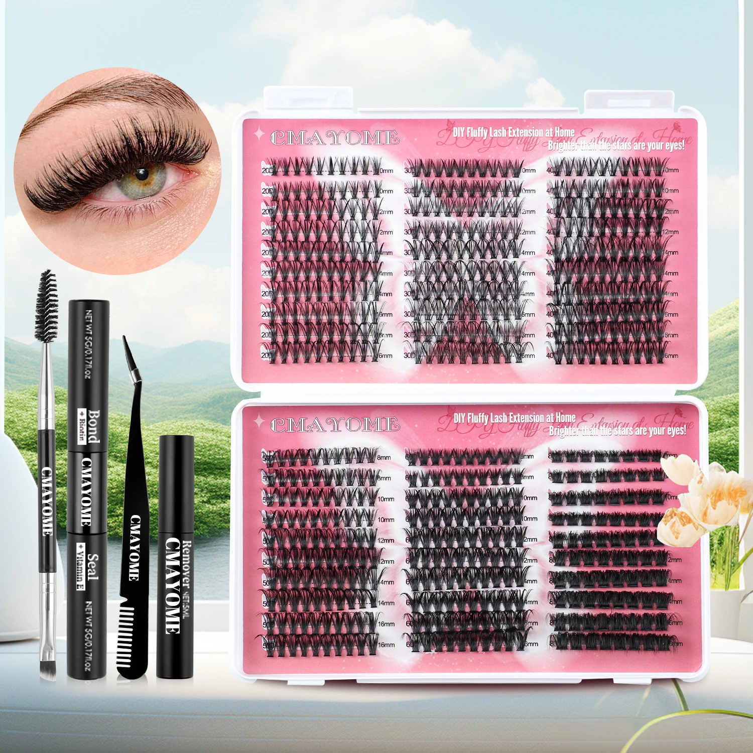 DIY580 cluster wispy mixed length, 20D/30D/40D/50D/60D/80Dcurled lashes soft light natural, makeup tools, Individual Lashes Kit