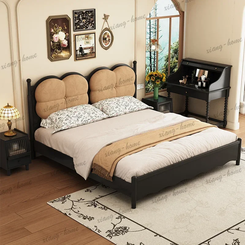 FG Solid Wood Frame Black Bed Four Leaf Clover Shaped Headboard Backrest French Retro Style Furniture Bedroom Bed 2 People High-