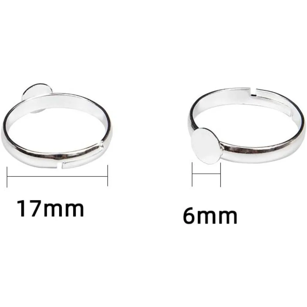 100Pcs Brass Pad Ring Bases, Adjustable, Silver Metal Color, Size: Ring: About 17mm in Inner Diameter, Tray: About 6mm