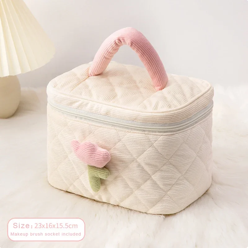 Fashion Women's Tulip Flowers Pouch Large Capacity Travel Cosmetic Bag Corduroy Zipper Bags Portable Storage Make Up Organizer