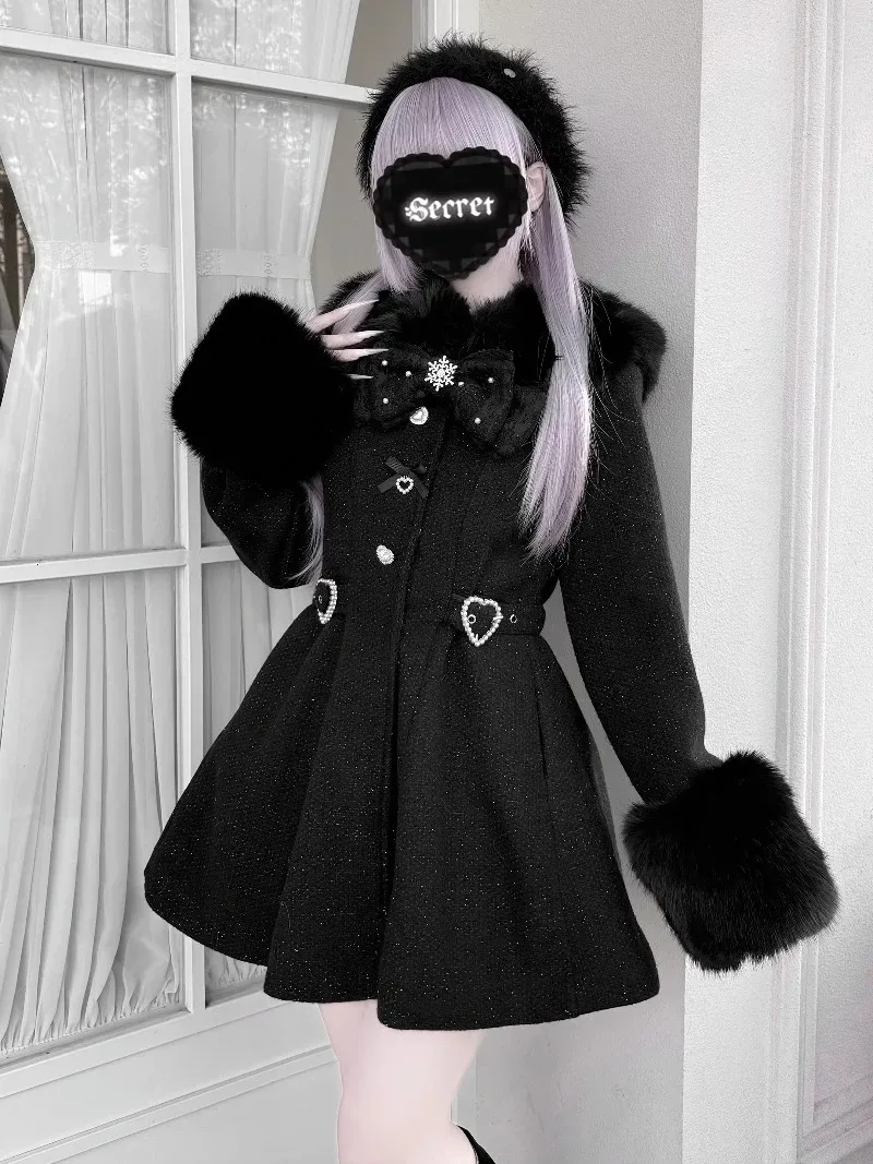 Abrigo de producción en masa con lazo y diamantes de imitación, diseño Original japonés de Lolita, chaqueta cálida y gruesa de estilo minero terrestre