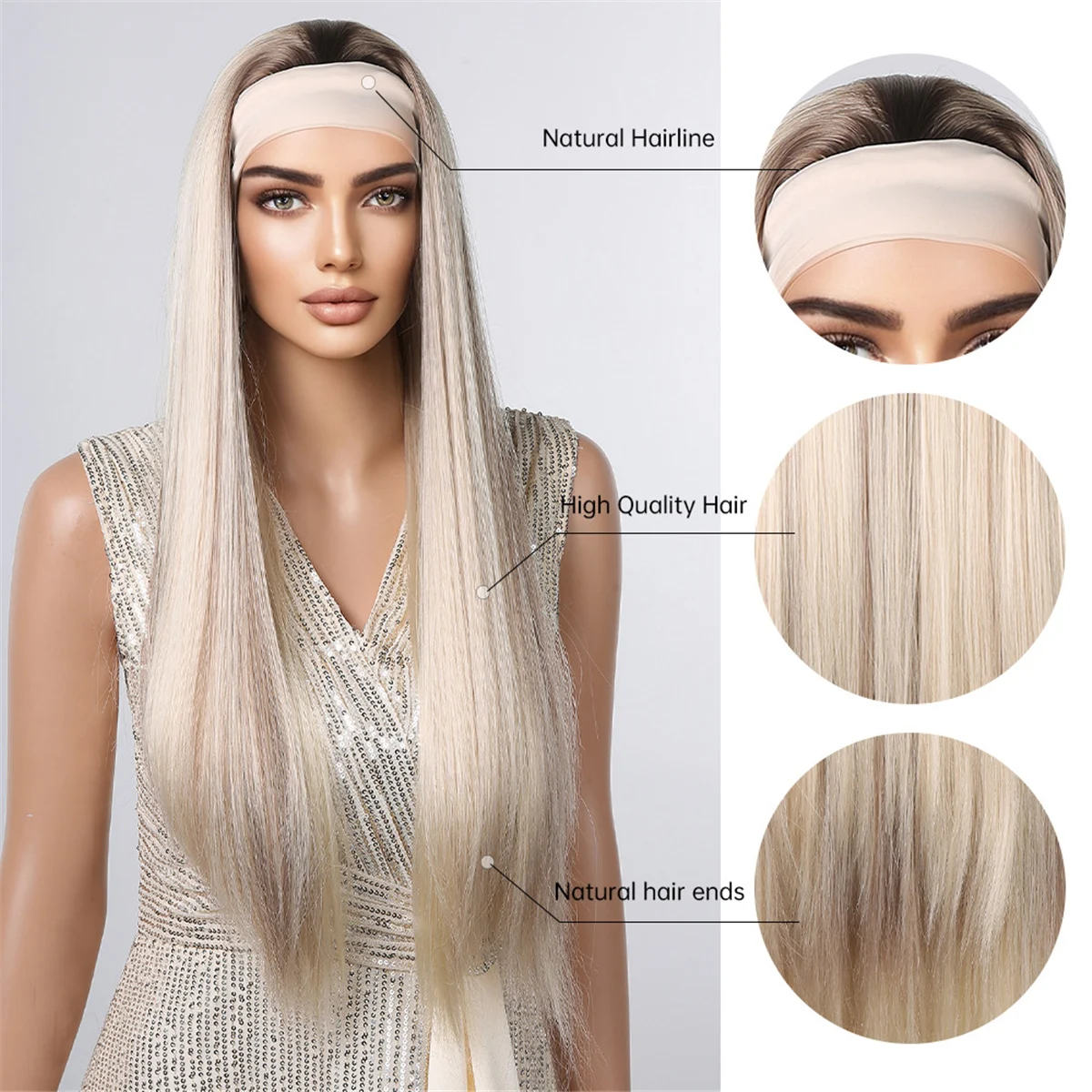 LOUIS FERRE Platinum Blonde Synthetic Headband Wigs Long Straight Headband Wig for Women Silky Hair Wig With Head Band