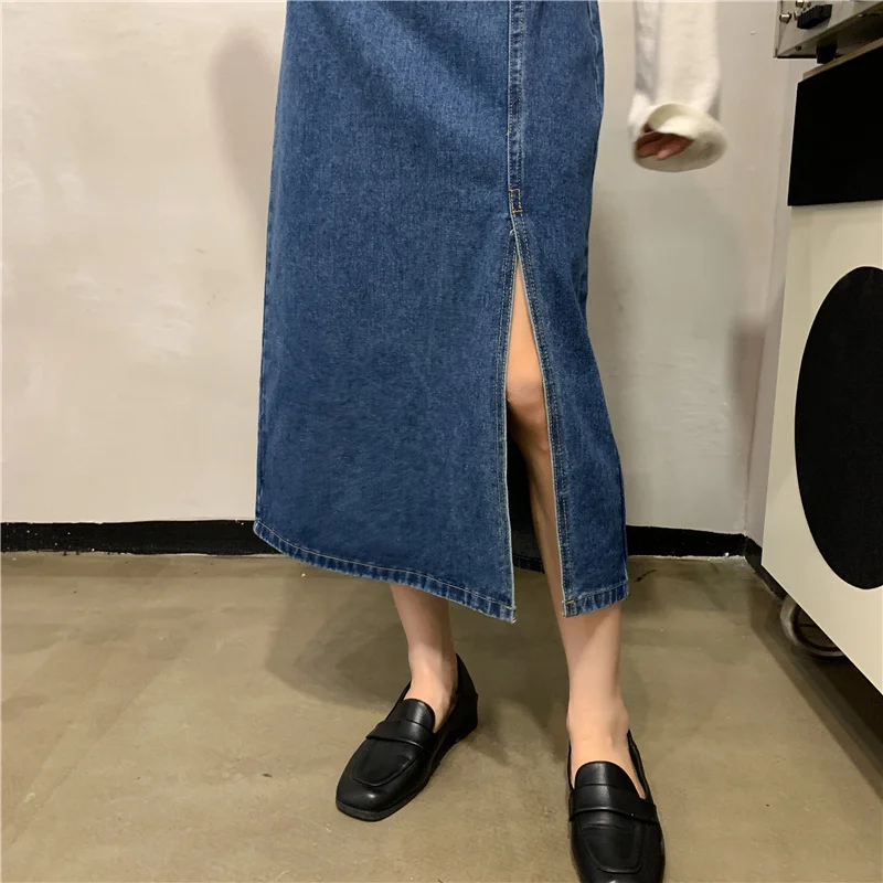 Women Side Split Denim Skirts Casual High Waist Mid-Calf Skirts 2024 Spring Summer Vintage Cowboy Jeans Skirts Female