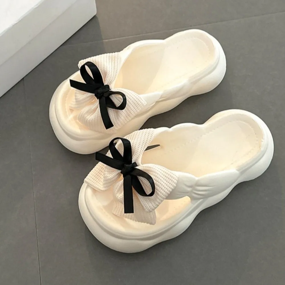 عدم الانزلاق Bowknot سحابة النعال الارتفاع زيادة سميكة سوليد القوس الشرائح الصنادل عادية أسود أبيض سميكة القاع النعال المنزل #4