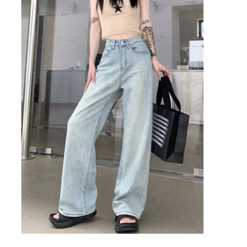 

Light Blue Womens Jeans High Waist Vintage Straight Baggy Denim Pants Streetwear American Style Fashion Wide Leg Denim Trouser