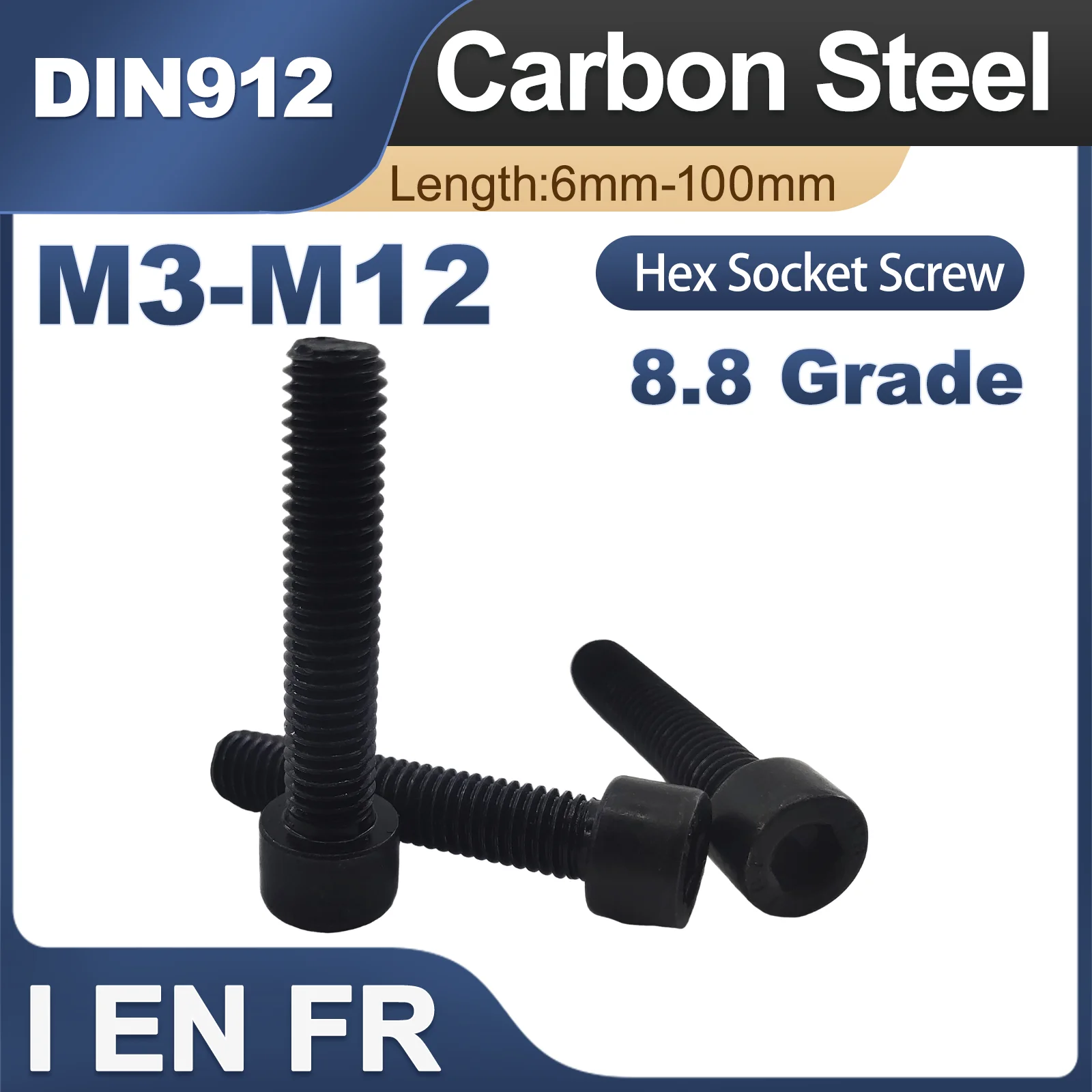 1/2/3/5/20pcs M3 M4 M5 M6 M8 M10 M12 DIN912 Black Plating 8.8 Grade Steel Inner Hexagon Hex Socket Cap Head Screws Bolt Screw