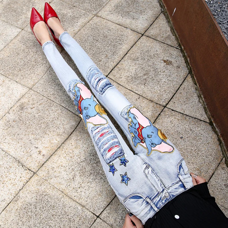 European station 2022 jeans female new embroidery elephant  hole high waist fashion slim slim pencil trousers