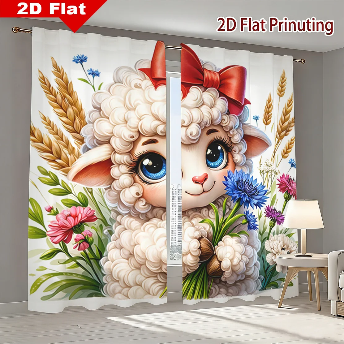 

Cute Sheep Curtain, Cartoon Lamb Flower Wheat Print Drape, Kawaii Animal Window Treatment for Kids Room Bedroom Home Decor