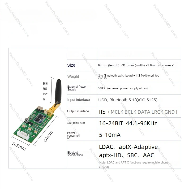 For QCC5125 5.1 Bluetooth USB type C input adapter board IIS output 96KHz