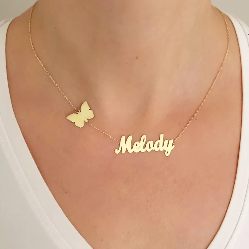 Custom Name Necklace With Heart Butterfly Personlized Nameplate Pendant Necklace Stainless Steel Choker Jewelry Gifts