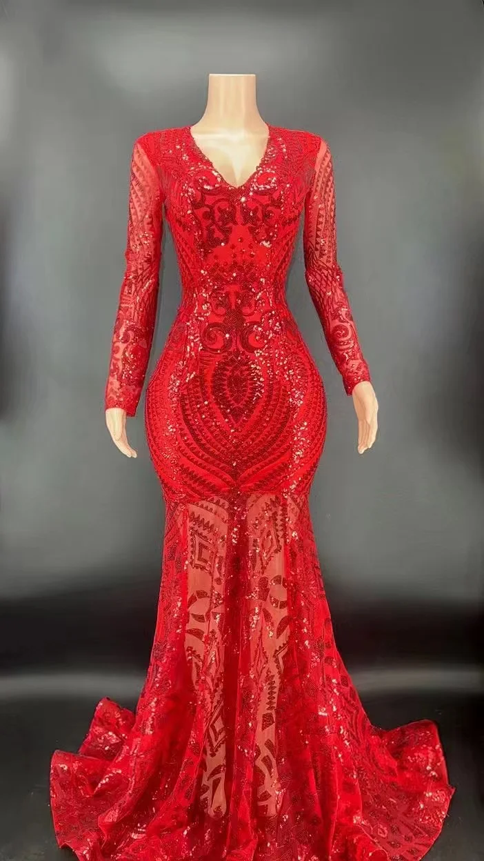 Sexy Sequines V-Neck Bodycon Long Tail Dress Red Black Gold Color Ladies Long Sleeve Elegant Evening Party Dress Wedding Wear