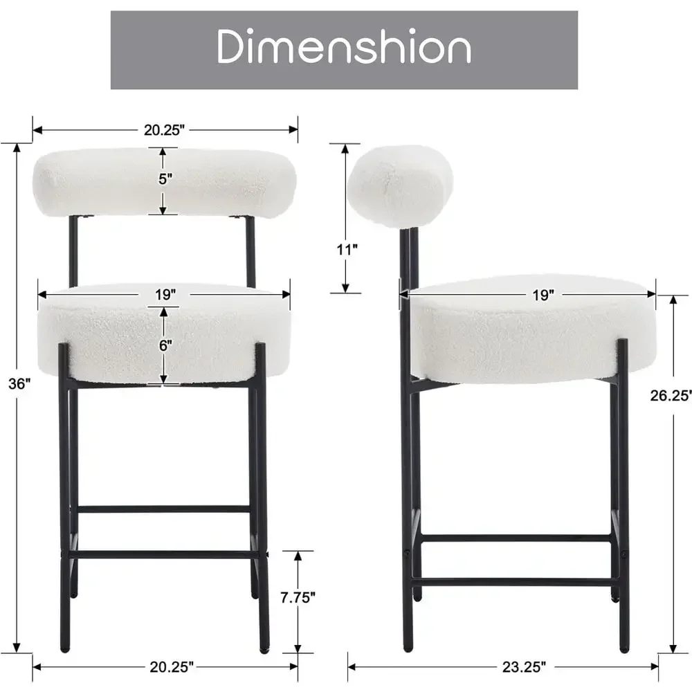 Set of 4 White Boucle Fabric Bar Stools with Barrel Back, 26 Inch High for Kitchen Island