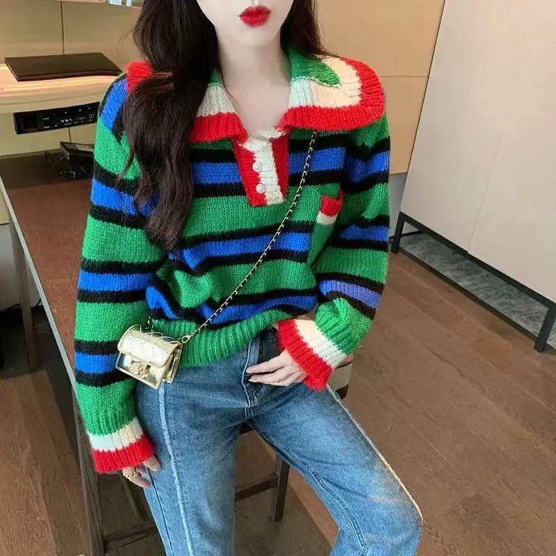 

Sweet Peter Pan Collar Button Color Striped Blouses Women's Clothing 2023 Autumn Winter Loose Knitted Korean Tops Casual Shirts