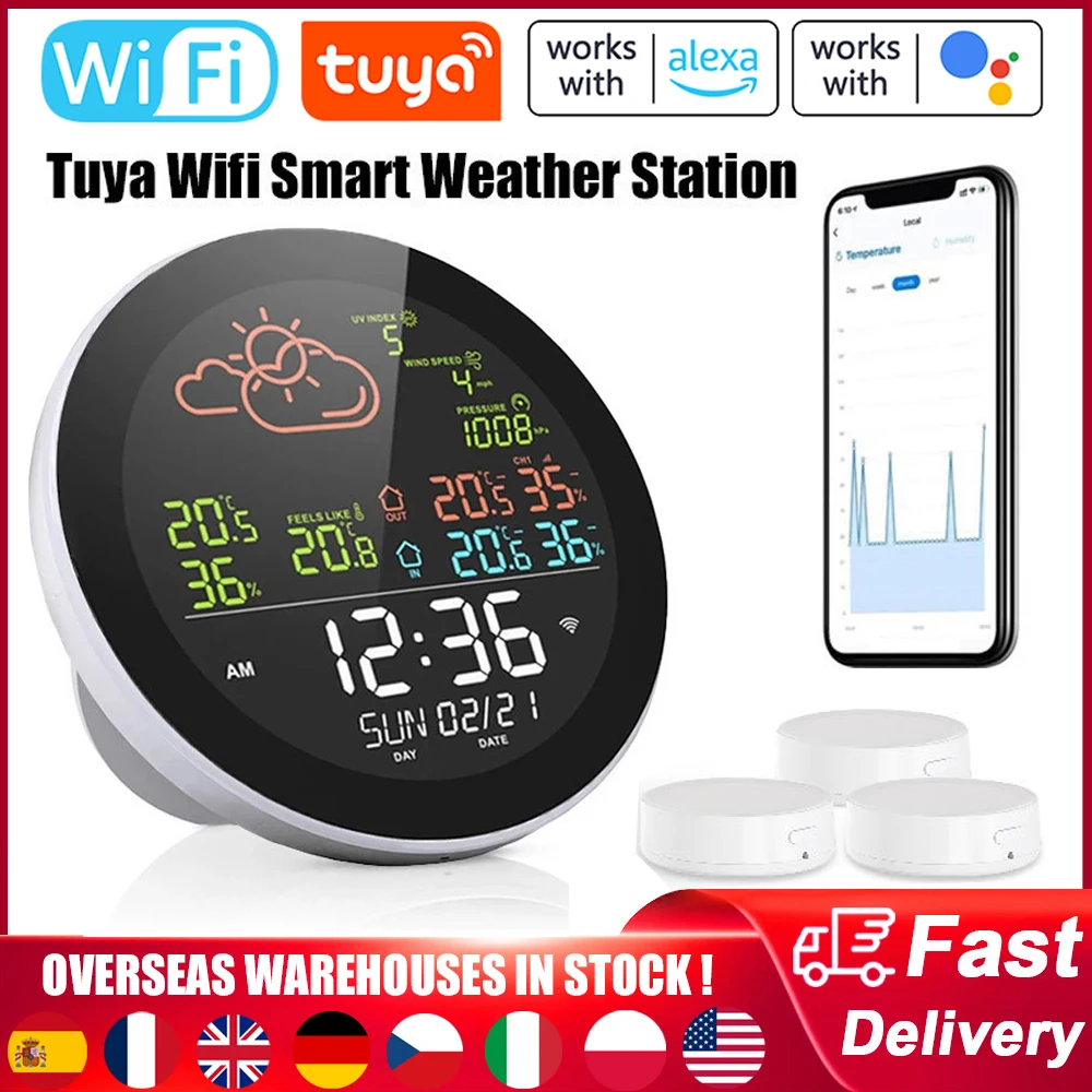 Tuya WIFI Weather Station Table Clock Outdoor Indoor Temperature Tester Weather Forecast Multifunctional Thermometer Hygrometer