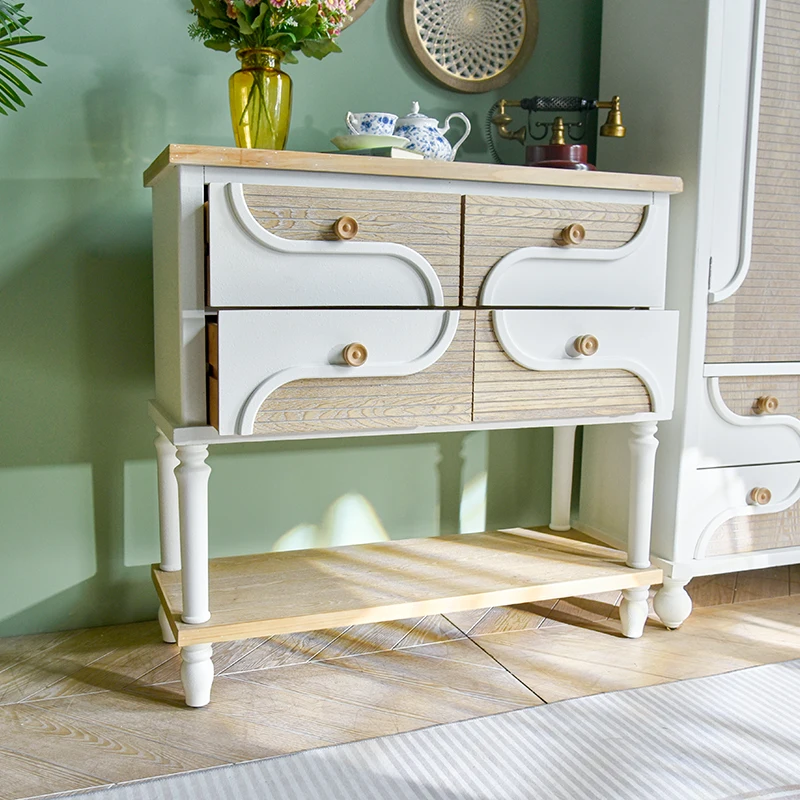 Rustic White Solid Wooden Console Cabinet Nordic Style Living Room Entryway Furniture With Shelf For Farmhouse
