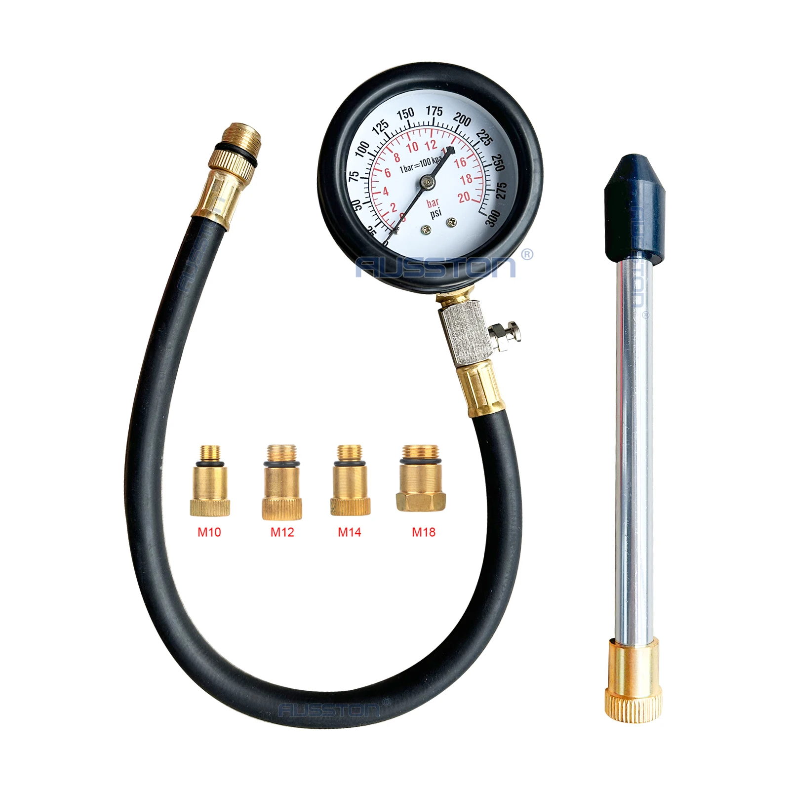 Gasoline Engine Compression Meter with M10 M12 M14 M18 Adapter 0-300 PSI Pressure Gauge Automotive Cylinder Tester Kit