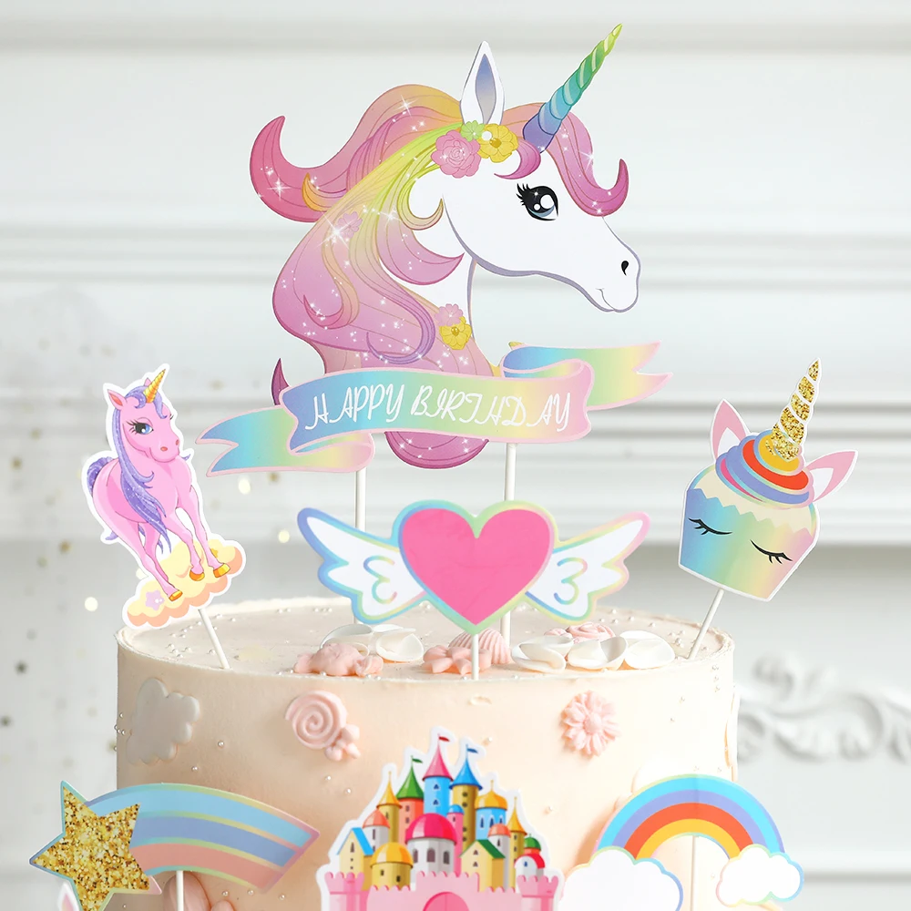 

12Pcs Rainbow Unicorn Cake Toppers Gender Reveal Baby Shower Cake Insert DIY Unicorn Theme 1st Birthday Party Decor Kids Favor