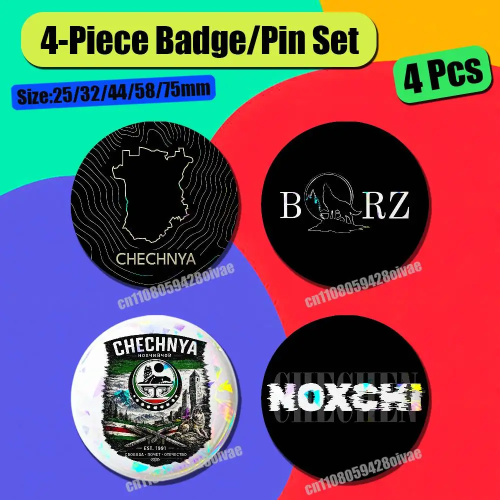 For Chechnya Chechen Wolf Noxchi BORZ Badge Pin Insignia 4 Pcs Set Round Button Emblem Laser Film Cosplay 25mm Custom