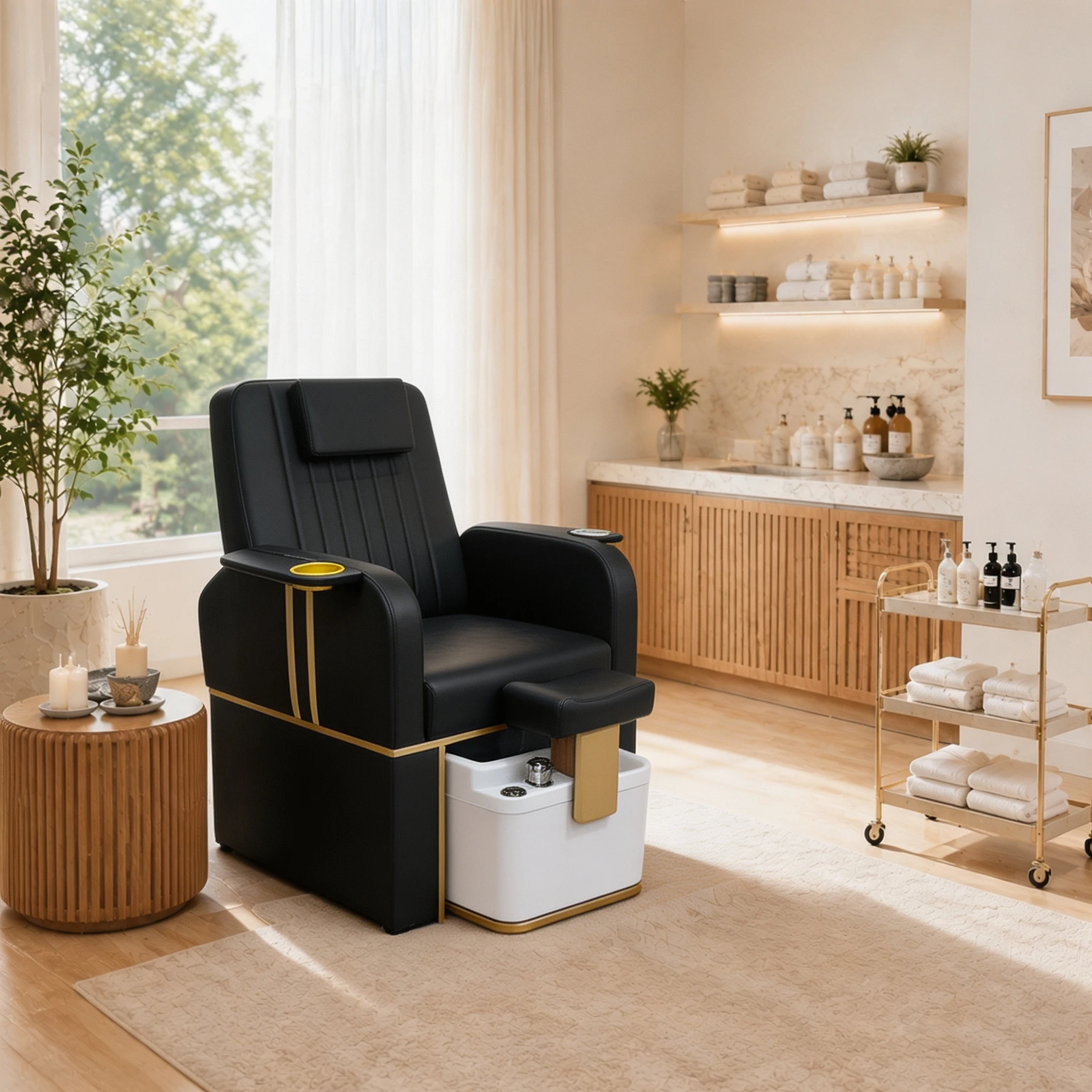 Luxury Pedicure Chair with Built-in Foot Spa Tub, PU Leather Salon Foot Massage Chair Dual Cup Holders for Nail Beauty Spa Comme