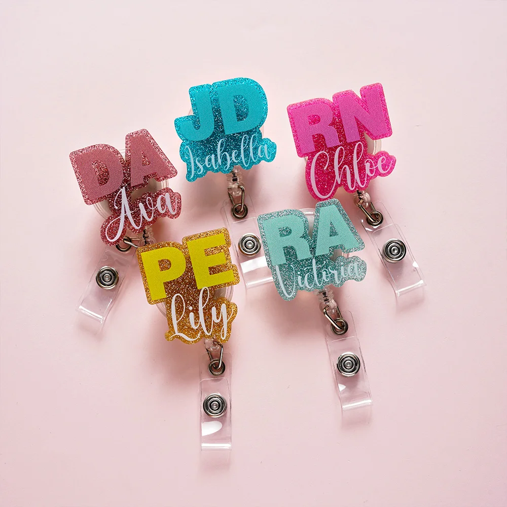 Customizable name and position heart-shaped acrylic badge retractable roll-up holder - healthcare ID card, business card holder,